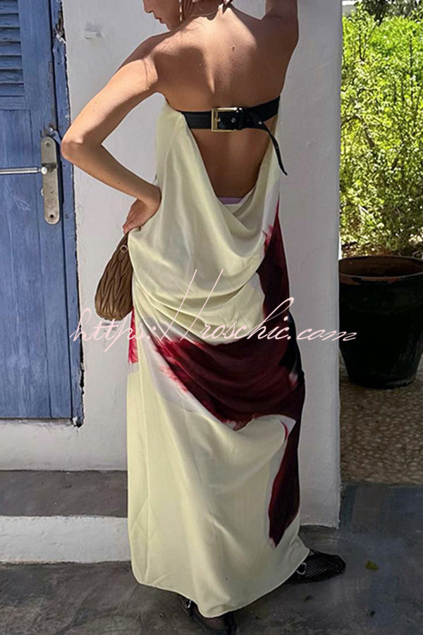 Print Strapless Backless Belt Maxi Dress