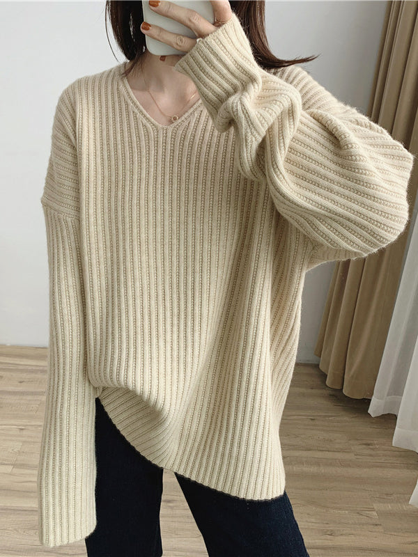 Caramel V-neck Long Sleeves Striped Knit Sweater Qx001