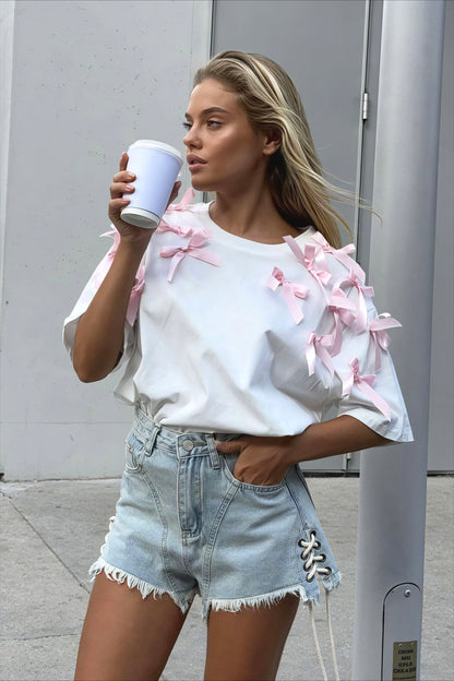 Bowknot Ribbon Loose Short Sleeve T-shirt