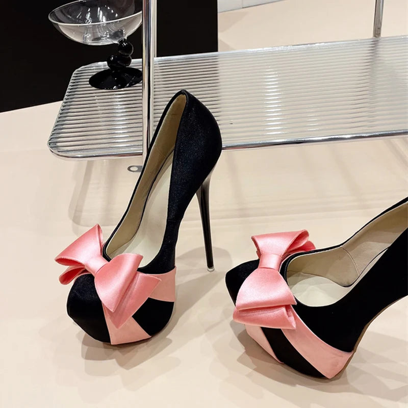 Liyke Design Bowknot Round Toe Platform Pumps Wedding Banquet Shoes Stripper Pole Dance High Heels Black Pink
