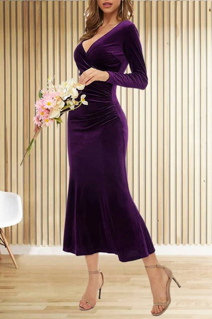 Velvet Long Sleeve V Neck Slim Fit Fishtail Maxi Dress