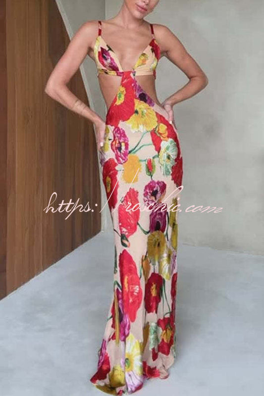 Hawaiian Dreams Satin Print Cutout Backless Maxi Dress