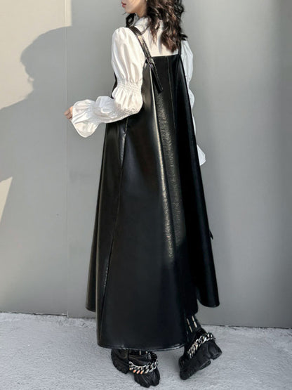 A-line Loose Asymmetric Pleated Color Split-joint Square-neck Midi Dresses Slip Dress