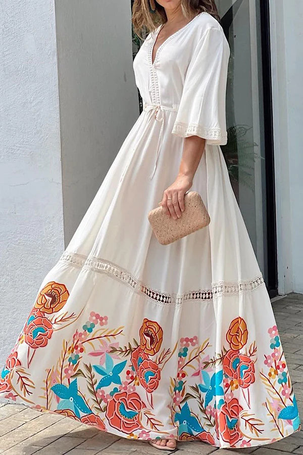 Unique Printed Lace Patchwork Lace Up Maxi Dress