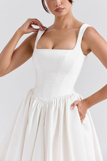 Wide Straps Corset Color Gowns Maxi Dresses-white