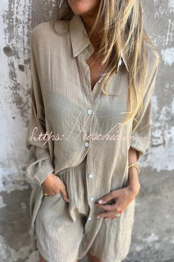 Color Lapel Long Shirt and Elastic Waist Loose Pocket Shorts Set