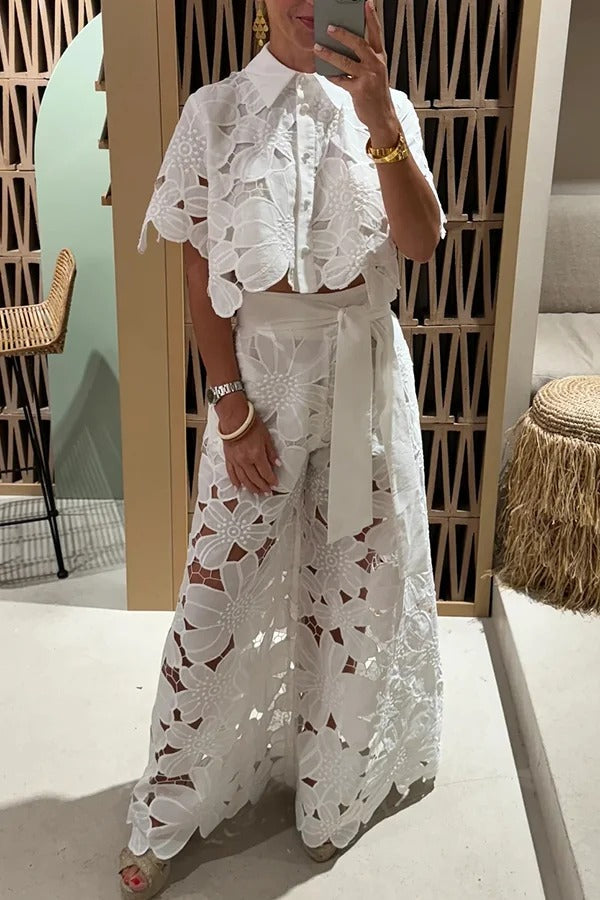 Redefining Elegance Lace Cropped Shirt and Belt Pocketed Wide Leg Pants Set