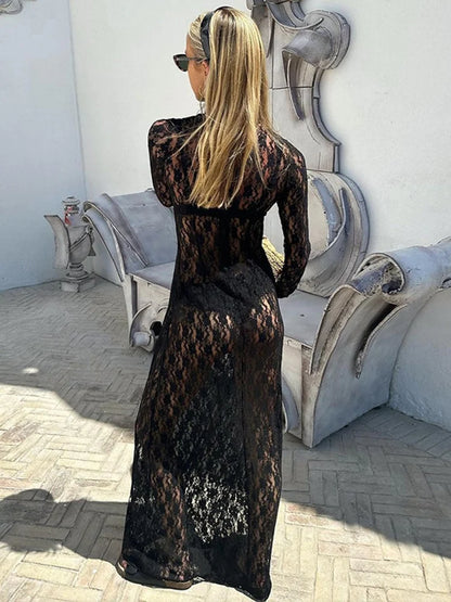 See-through Mesh Tight Maxi Dress Hollow Out Lace Mesh Patchwork Full Sleeve Banquent Long Dress