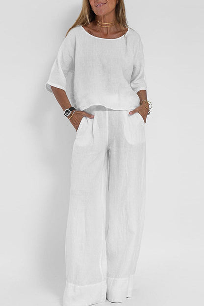 Linen Blend Color Round Neck Top and Loose Wide-leg Pants Set