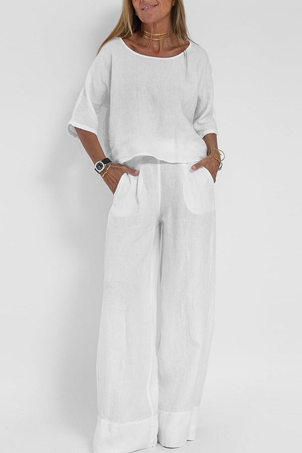 Linen Blend Color Round Neck Top and Loose Wide-leg Pants Set