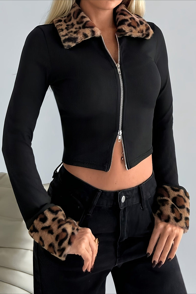 Fur Collar Leopard Print Double Zipper Knit Coat