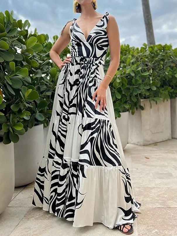 V Neck Line Printed One Piece Swimsuit and Skirt