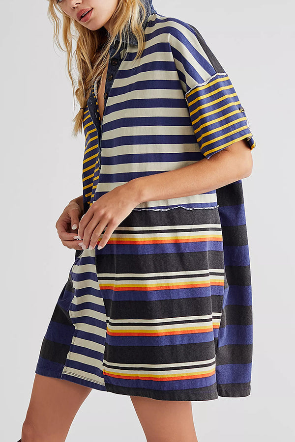 Contrast Striped Patchwork Denim Lapel Loose Mini Dress