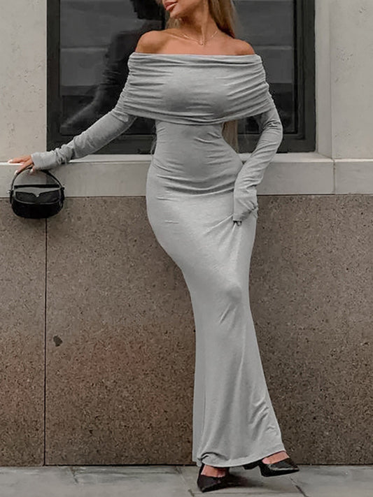 Long Sleeves Skinny Pleated Color Split-joint Off-the-shoulder Evening Dresses Maxi Dresses