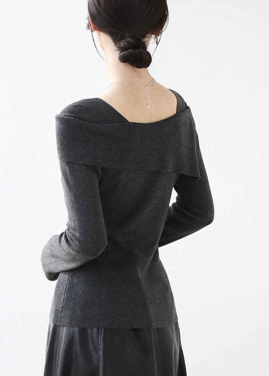 French Grey Slash Neck Patchwork Slim Fit Knit Sweaters Winter Rv031