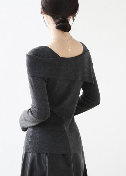 French Grey Slash Neck Patchwork Slim Fit Knit Sweaters Winter Rv031