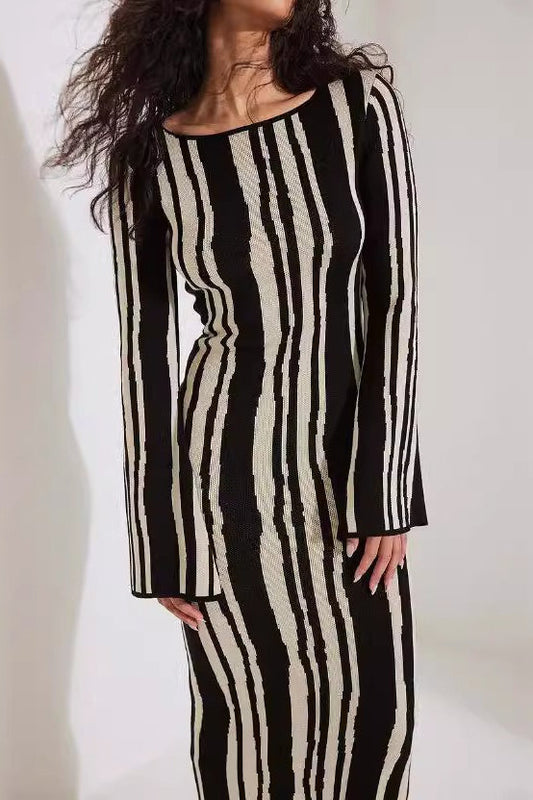 Striped Contrast Slim Knit Sweater Dress