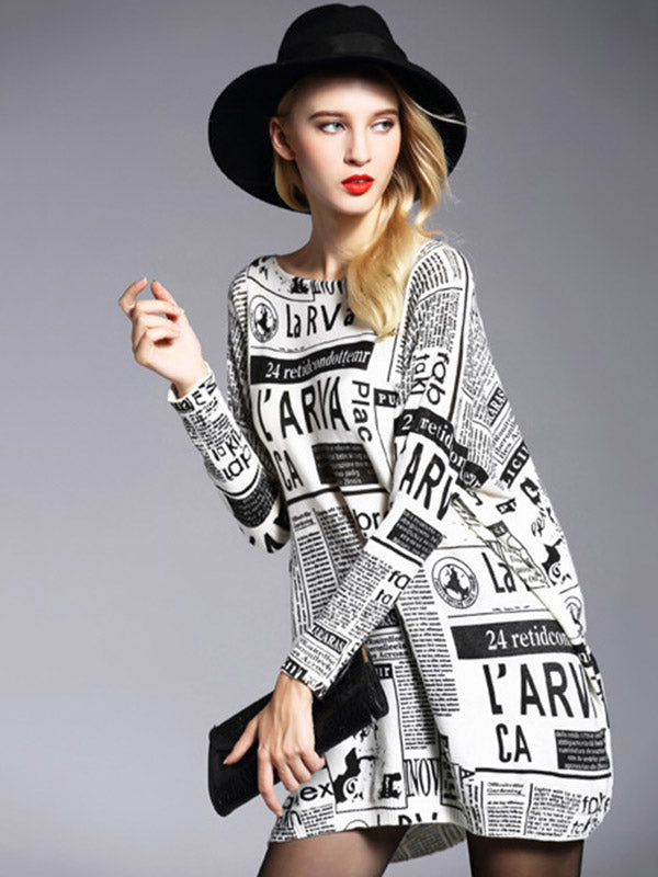 Loose One-shoulder Newspaper Printed Split-joint Sweater