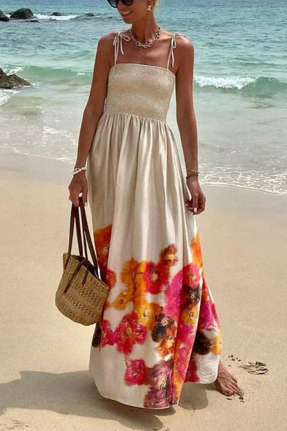 Hidden Garden Satin Print Smocked Tie-up Shoulder Maxi Dress