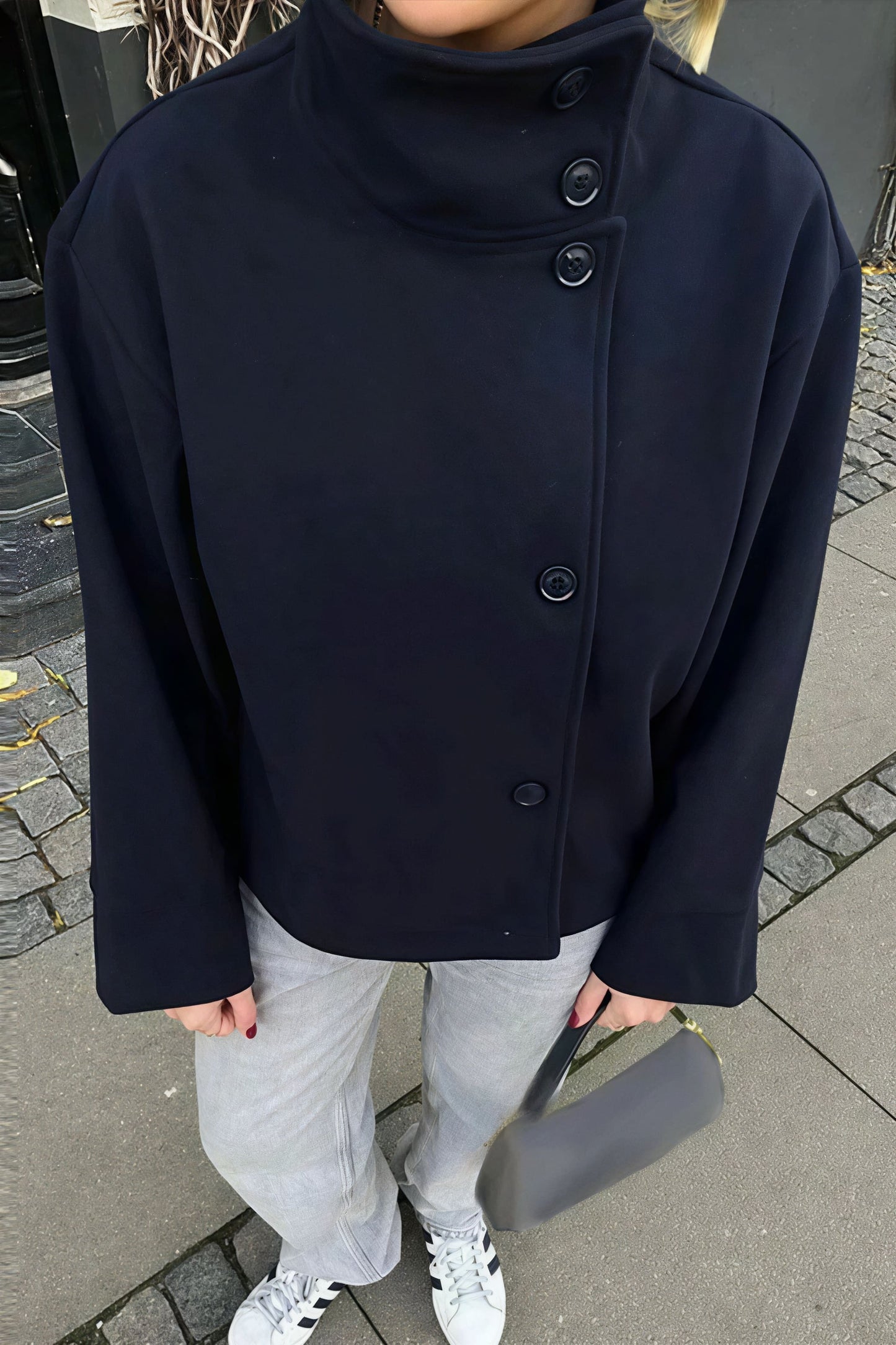 Wool Button High Collar Coat