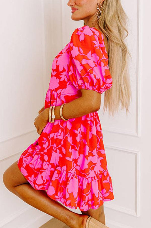 Red Bubble Sleeve Sweetheart Neck Ruffled Mini Dress