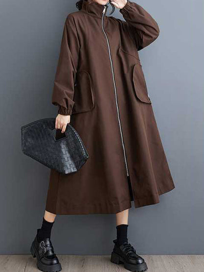 Retro Khaki High Neck Pockets Zip-up Long Sleeve Trench Coat Tw005