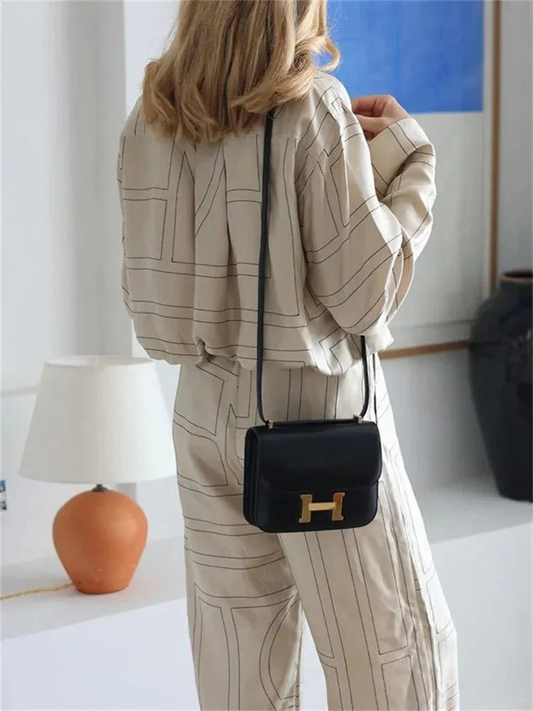 Patchwork Printed 2 Piece-set for Trousers Lapel Shirts Nightwear Slim High Waist ’s Pants Sets