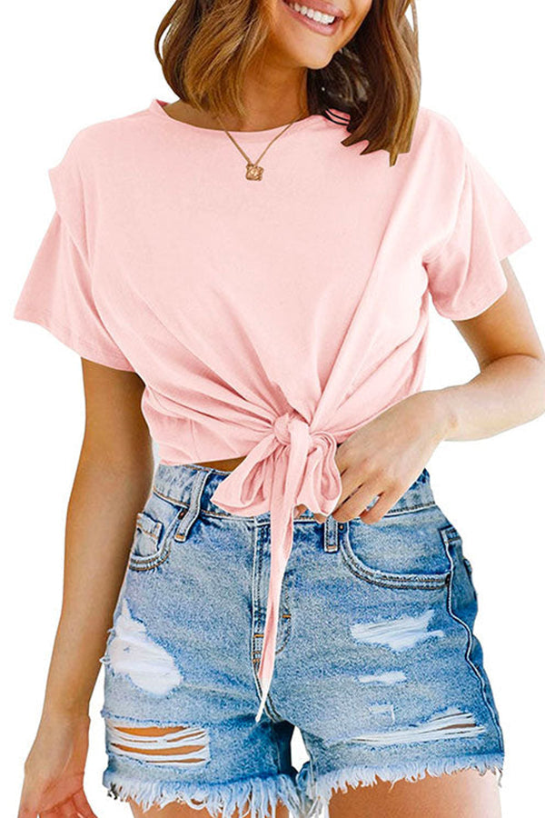 Short Sleeve Knot Front Cropped T-shirt