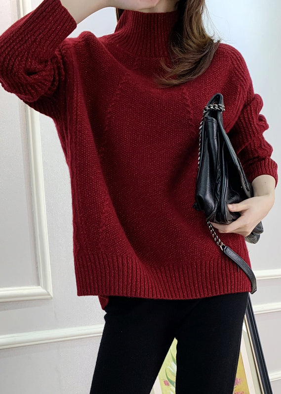Red Turtleneck Cozy Cotton Knit Sweater Fall Qx033