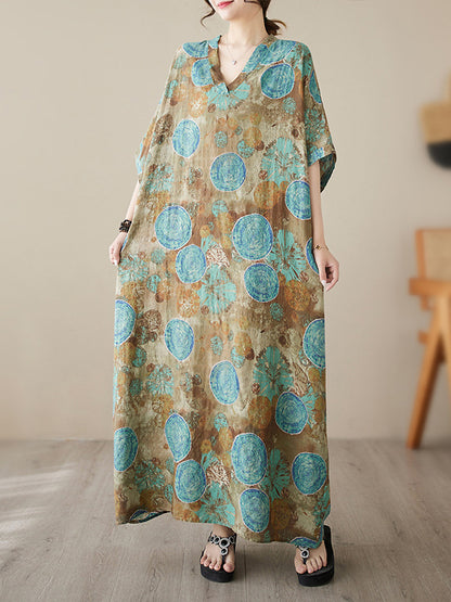 Loose Short Sleeves Printed V-neck Maxi Dresses