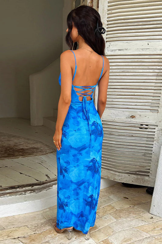 Print Ruffled Strap Bodycon Maxi Dress