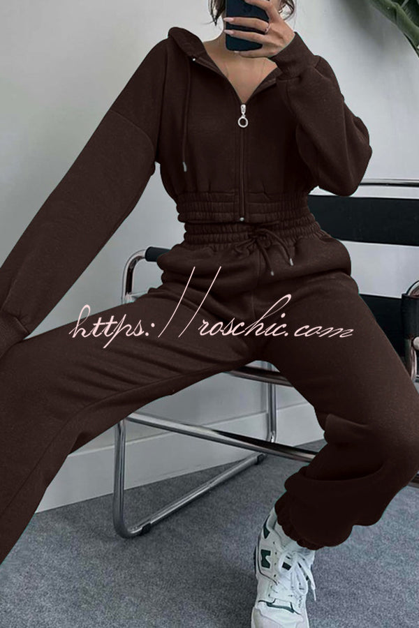 Hooded Zip Up Waist Sweatshirt and Elastic Waist Lace Up Pants Set