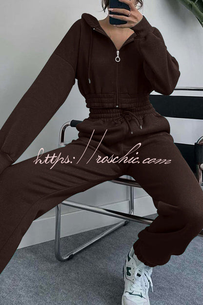 Hooded Zip Up Waist Sweatshirt and Elastic Waist Lace Up Pants Set