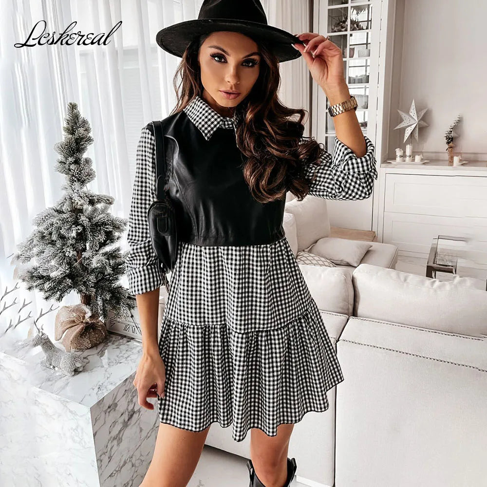 Plaid Shirt Vestidos Long Sleeve White Short Dress for Summer Pu Leather Patchwork Sweet Office Mini Dresses