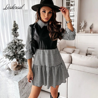 Plaid Shirt Vestidos Long Sleeve White Short Dress for Summer Pu Leather Patchwork Sweet Office Mini Dresses