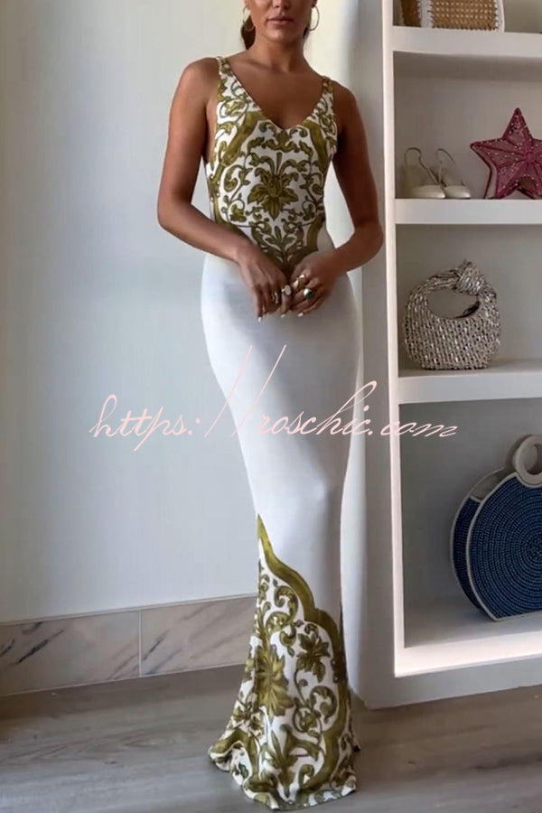 Sicilian Inspired Knit Symmetrical Unique Print Stretch Fishtail Maxi Dress