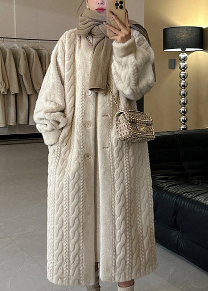 Beige V Neck Button Mink Hair Leather and Fur Long Coats Winter Wv022