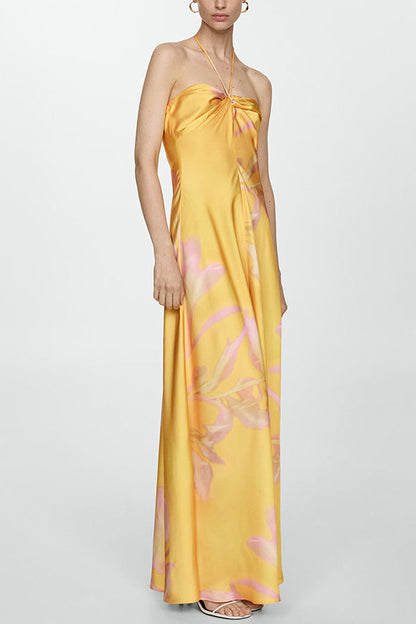 Catalina Island Satin Print Twist Bust Halter Maxi Dress