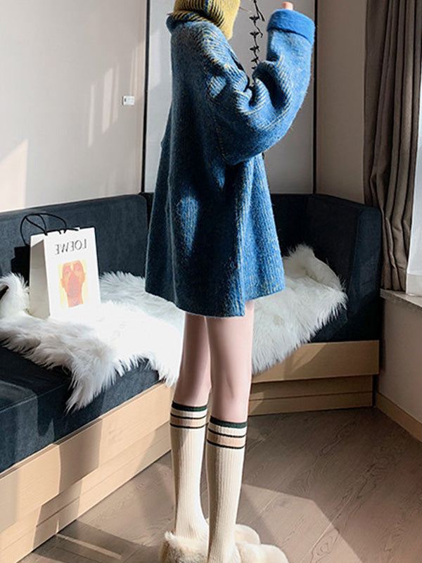 Design Loose Blue Contrast Color High-neck Long Sleeve Sweater An1054