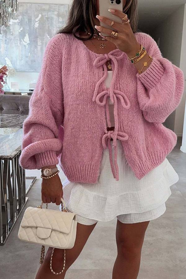 Stylish Color Crew Neck Lace-up Sweater