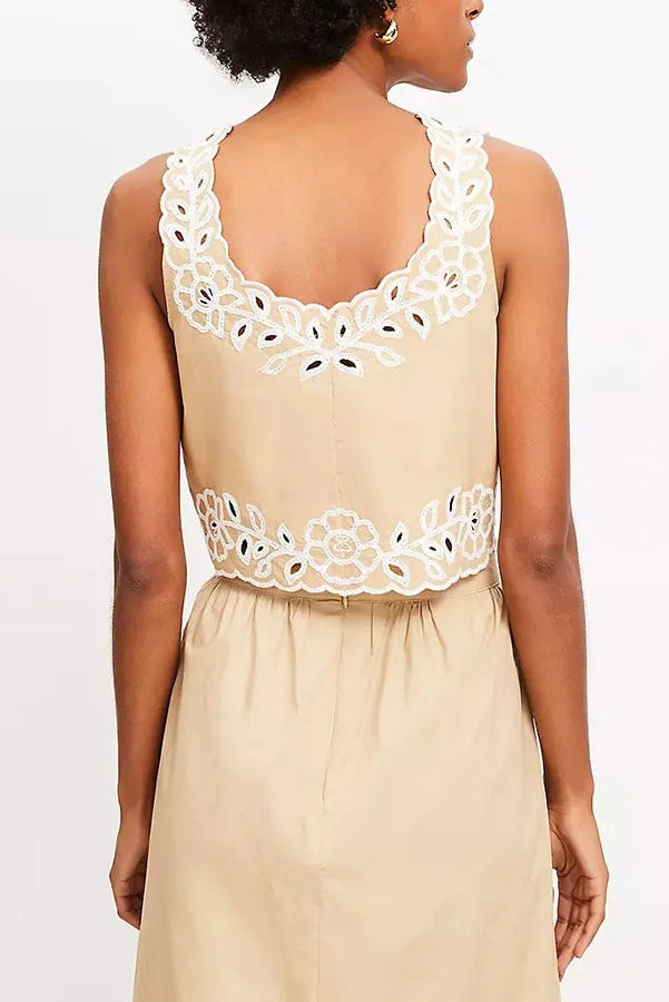 Vacation Season Eyelet Poplin Tank and High Rise Elastic Waist Midi Skirt