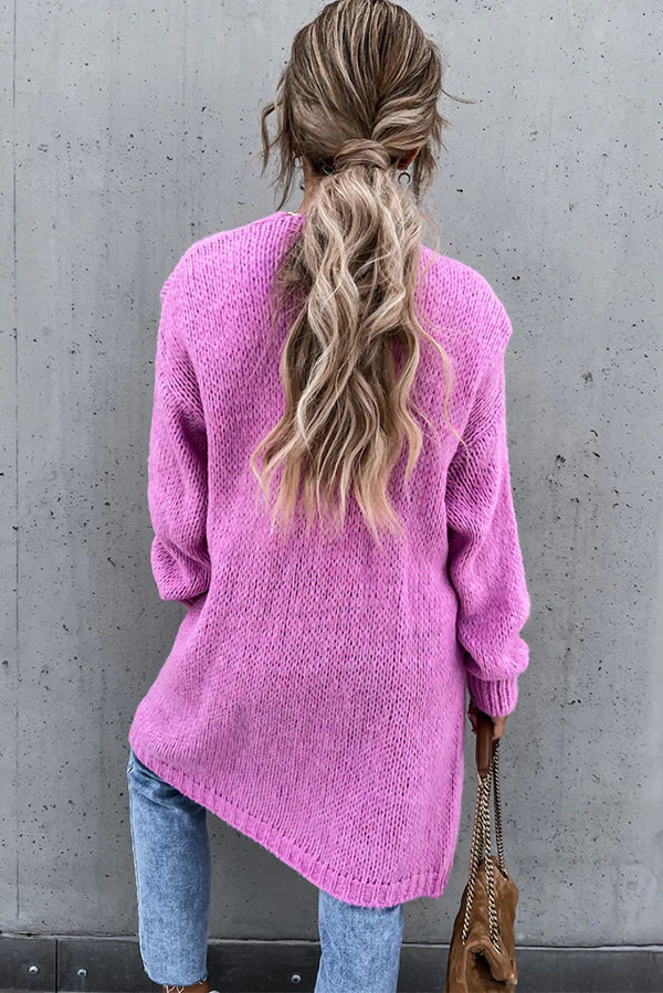 Color V-neck Knitted Long-sleeved Oversized Midi Cardigan