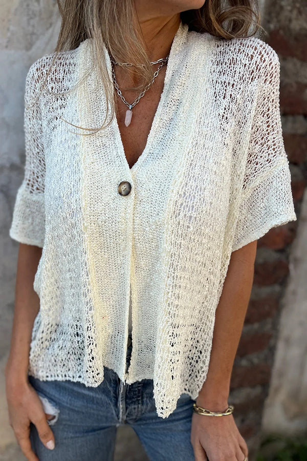 Color Hollow Sleeve V-neck Button Knitted Cardigan