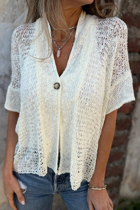 Color Hollow Sleeve V-neck Button Knitted Cardigan