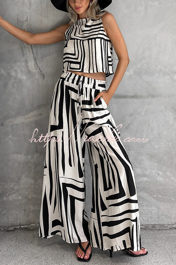 Striped Printed Sleeveless Top and Elastic Waist Loose Pocket Wide-leg Pants Set