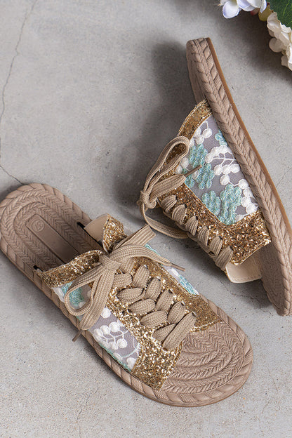 Sequined Mesh Embroidered Strappy Flat Slippers