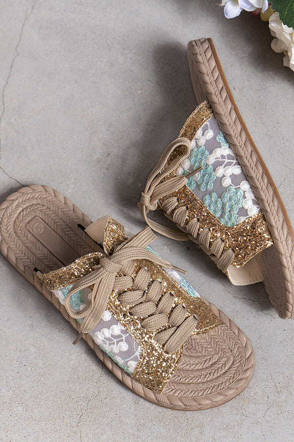 Sequined Mesh Embroidered Strappy Flat Slippers