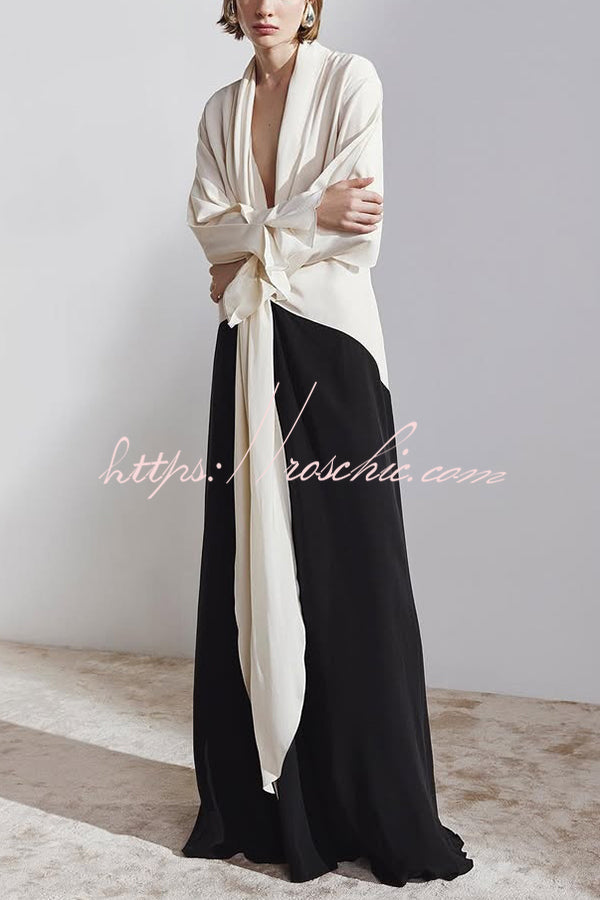 Contrast Color V-neck Tie High Waist Drape Maxi Dress