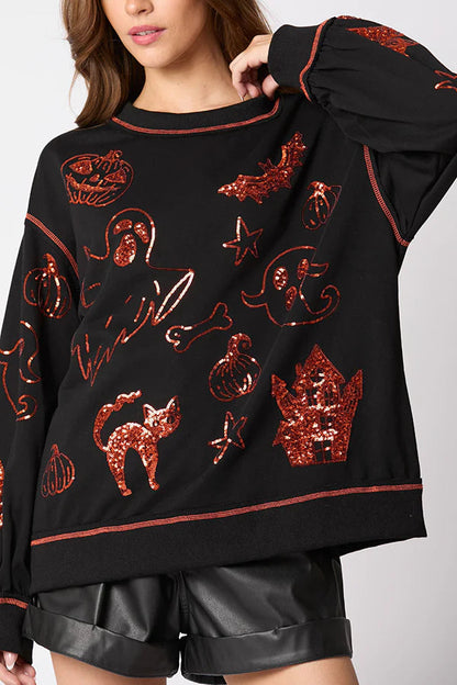 Halloween Graffiti Sequined Loose Sweatshirt