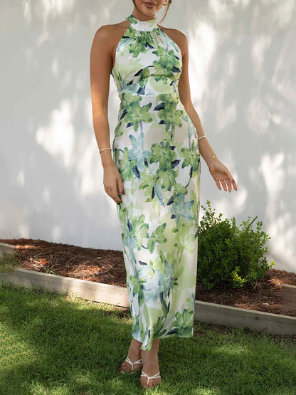 Print Halter Backless Flowy Vacation Maxi Dresses